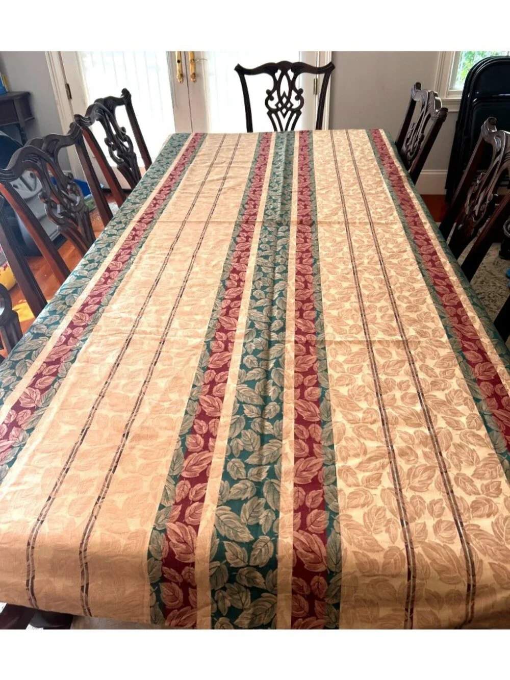 Vintage 90s Fall Leaves Tablecloth 60x95 Gold Teal Burgundy Autumn Decor